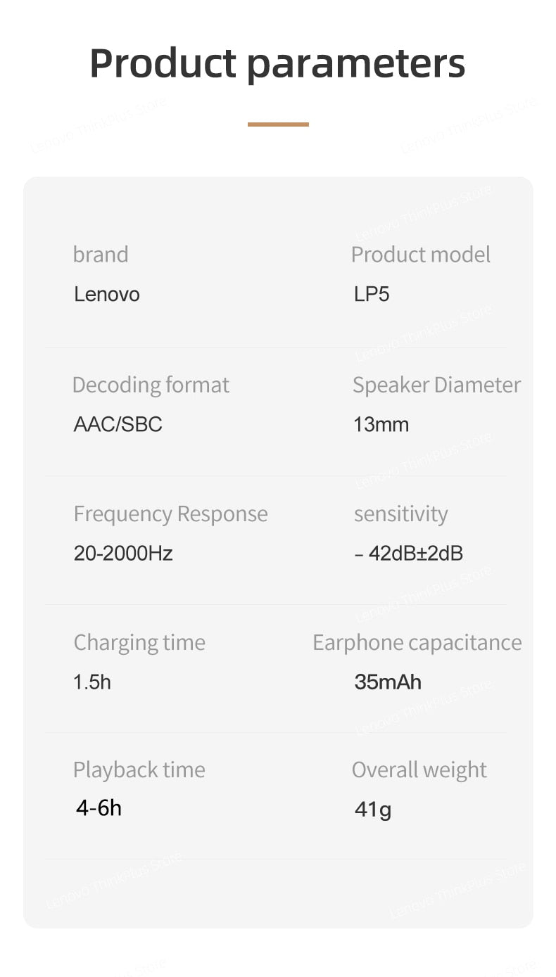 Waterproof 100% Original Lenovo LP5 Wireless Sport Bluetooth Earbuds HiFi Music Earphone With Mic