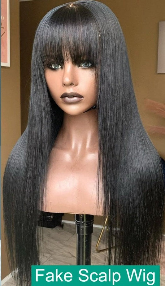 Bang Fringe Brazilian Straight Natural Black Straight Human Hair Fake Scalp 16-24Inch