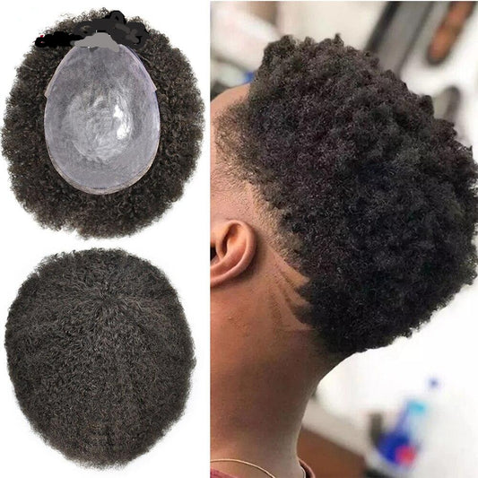 Afro Remy Toupee Full Pu Poly Skin Afro Wave Mens Replacement Hair Unit